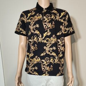 Luxurious Black and Gold Baroque Polo Shirt